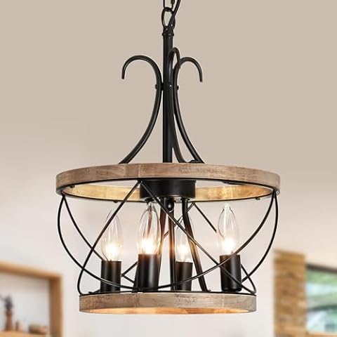 UOFUS 4-Light Farmhouse Wood Chandelier Rustic Drum Hanging Pendant Lighting French Country Industrial Candle Chandelier Light Fixture for Dining Room Kitchen Living Room Entryway Office Cover