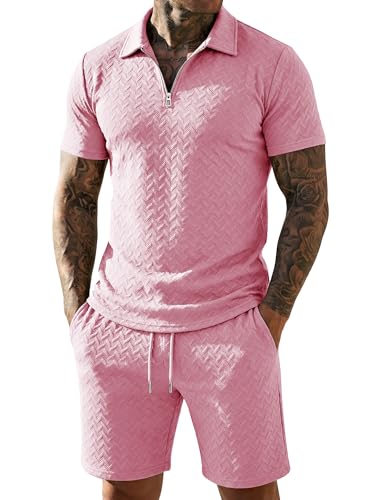 Image of URRU Mens Textured Polo Shirt and Shorts Sets Outfits 2 Piece Summer Tracksuits Casual Quarter Zip Golf Polo Shirts