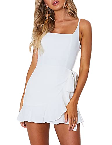 AIMCOO Women's Casual Ruffle Hem Solid Wrap Dress Spaghetti Strap Front Tie Knot Short Dresses2
