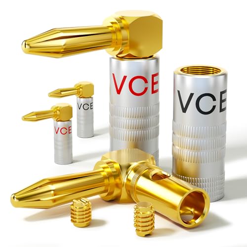 VCELINK 8 Unidades Conector Banana Chapado en Oro para Cable Speakon con 0,75-4 mm, 4x Rojo, 4x Negro, Conectores para Altavoces, Amplificadores y Otros Receptores de Audio (90° Conector Banana, 4)