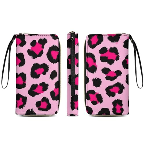 Women's Travel Zipper Purse Fashion Design, Huge Storage Capacity Purse, Cute Decor Wallet, Long PU Wallet With Rope Pink Cheetah Leopard Print3
