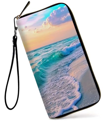 GFRGTFHYT Carteira feminina de couro PU de grande capacidade com bloqueio de RFID para mulheres, Praia marítima, Women Wallet, Praia marítima
