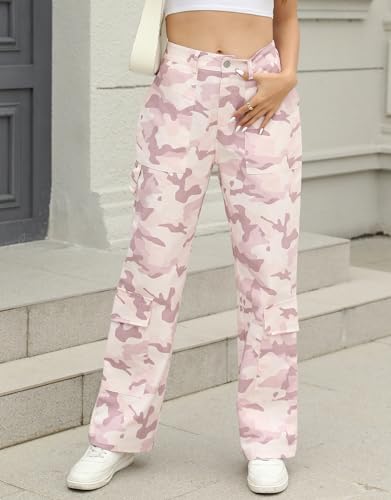 Kedera Women Camo Print Flap Pocket Wide Leg Pants Mid Waist Trousers Casual Boyfriend Cargo Parachute Baggy Pants3