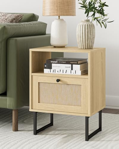Image of Masupu Rattan Nightstand,Modern Boho Farmhouse Wood Bedside Table with Storage Drawer and Open Shelf,Small Black Frame Side End Table for Bedroom,Living Room,Office (Natural)