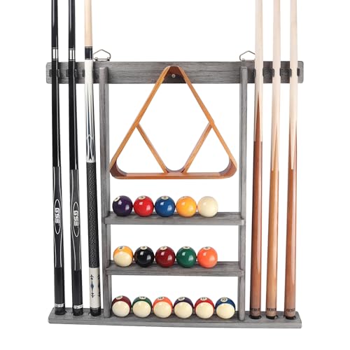 GSE Games & Sports Expert Billiard Cue Stick Hanging Wall Mounting Rack Only, Holds 6 Pool Cue Sticks, Billiard Ball Racks and Full Set of Pool Balls (Brushed Grey)