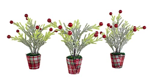 Benzoyl Artificial Christmas Mini Tree Snow Flocked Tabletop Decoration, White Xmas Tree With Red Berries & Burlap Base For Home Indoor Outdoor Decorations 10.2'' -3 Pack #TOP16