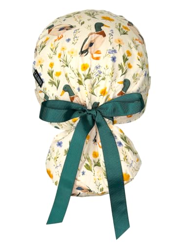 Image of Scrub Cap for Women and Men, Ponytail Scrub Caps, Working Hat, Head Cover with Ribbon Ties and Buttons, Long Hair