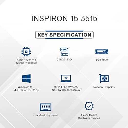 Image of Dell Inspiron 3515 Laptop, AMD Ryzen 3-3250U, Win 10 + MS Office, 15.6 inch (39.62cms) FHD, 8GB DDR4, 256GB SSD, Radeon Graphics, Platinum Silver, (D560524WIN9S)