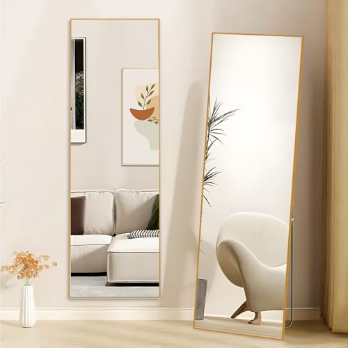 Hamlody Specchio a Figura Intera Rettangolare 162 x 52 cm, Specchio da Terra con Supporto, Vetro Temperato, Cornice Lega di Alluminio, Appendere o Appoggiato, Camera da Letto Soggiorno Ingresso, Oro