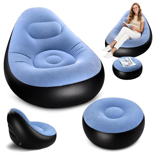 Inflatable Lounge Chair for Adults, Portable Folding Inflatable Blow Up Couch with Foot Stool, Lazy Flocking Recliner Chair Air Sofa for Indoor Outdoor Travel Camping (No Pump)