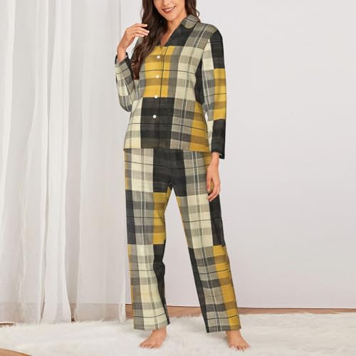 Pyjama à imprimé écossais jaune gris noir stretch et confortable en deux pièces - 3