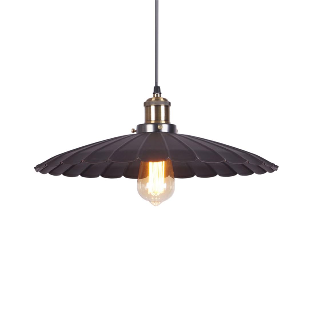 Czarna przemysłowa lampa wisząca z plisowanym wzorem - Vintage Lampa wisząca w stylu stodoły, złota mosiężna głowica lampy z białego wykończenia