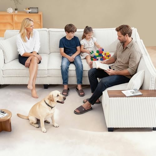 Image of 97 inch L Shaped Sectional Couch, Comfy Corduroy Sectional Couch, Modular Convertible V Shaped Couch, 5 Seat Corner Sofa with 2 Pillows & Storage Armrests for Living Room, Beige