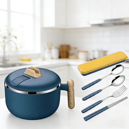 Hulvyzu Bol à Ramen Instantané 1200ml Bol à Nouilles avec Couvercle Boîte à Lunch avec Poignée Bol à Soupe Japonais avec 1 Paire de Baguettes, 1 Cuillère, 1 Fourchette et 1 Boîte de Rangement