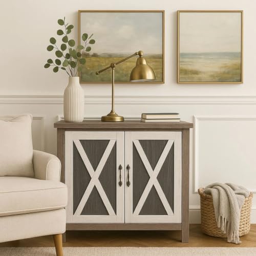 Image of Haven Engineered Wood Storage Cabinet | Farmhouse Sideboard with Double Doors & 3 Shelves | Multi-Purpose Storage Organizer for Living Room, Dining Room & Bedroom | Rustic Grey & White Finish