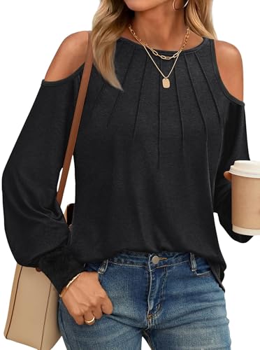Hilinker Women's Cold Shoulder Tops Casual Loose Fit Long Sleeve Pleated Sexy Shirts