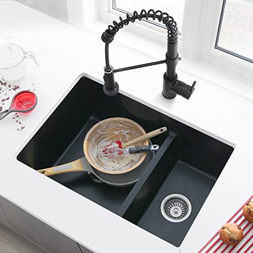 Image of Stylish 27.25 x 18.75 Inch Drop In or Undermount Kitchen Sink Double Bowl Workstation 9.5 Inches Deep Granite Composite Kitchen Sinks with Regular Strainers Black, S-827N
