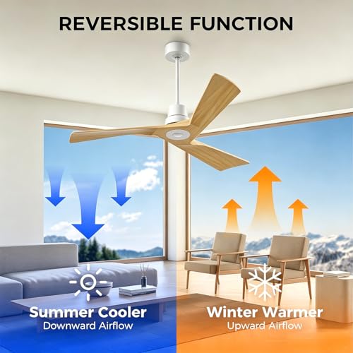 Image of Obabala Ceiling Fan 52 Inch with Remote, Solid Wood Blades DC Motor 5000 CFM Quiet 35dB, Reversible 6 Speed Modern Farmhouse for Bedroom Living Room Indoor Outdoor, No Light with Downrod