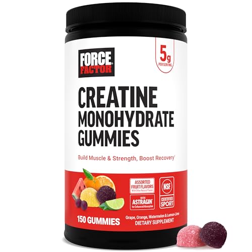 Force Factor Creatine Monohydrate Gummies, NSF Certified, 5g Dose for Men & Women to Support Muscle, Strength, Recovery, Cognitive Health & Memory, Assorted Fruit Flavors, 150 Gummies