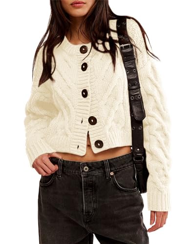 Zhiyouni Women's Cropped Cardigan Sweater Chunky Cable Knit Long Sleeves Button Down Coat