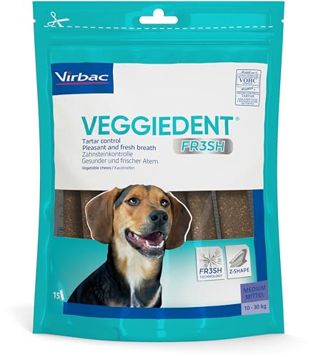 Virbac VeggieDent - Strisce da masticare per cani di taglia media (da 10 a 30 kg), 15 strisce