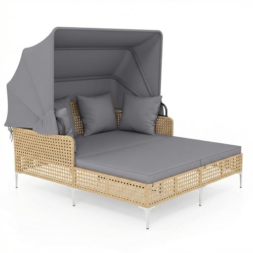 COSTWAY Garden Rattan Daybed Patio Double Chaise Lounger Sun Bed with Retractable Canopy Pillows and Cushions Outdoor PE Wicker Loveseat Sofa Conversation Furniture for Balcony Poolside (Grey)
