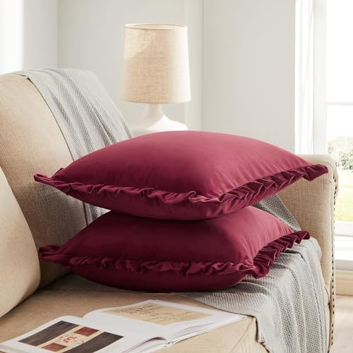Image of Amazon Brand - Umi Velvet Wine 12x20 Pillow Covers, Set of 2 Decorative Ruffle Cushoin Pillow Covers for Sofa Couch