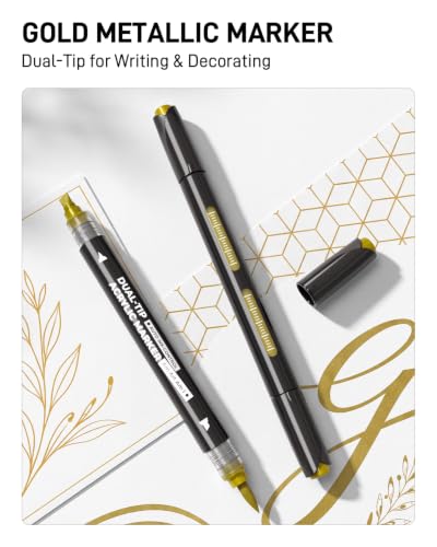Image of JusArt 3 Gold Dual-Tip Acrylic Paint Markers, Automatic Ink Control | Metallic Paint Markers, Paint Pen for Wood, Glass, Fabric, Rock Painting, DIY Crafts for Adults, Classroom & School Supplies