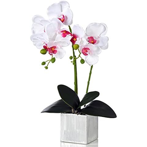 YSZL Artificial Potted Orchid Faux Phalaenopsis Silk Flowers Bonsai Realistic Arrangement in Silver Vase for Home Decoration Table Centerpiece, White Cover