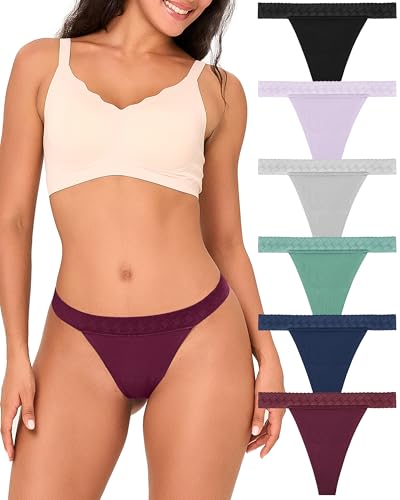 BAMBOO COOL Women's Thongs Breathable Underwear High Stretchy Lace Low Waisted Panties Tagless 6 Pack