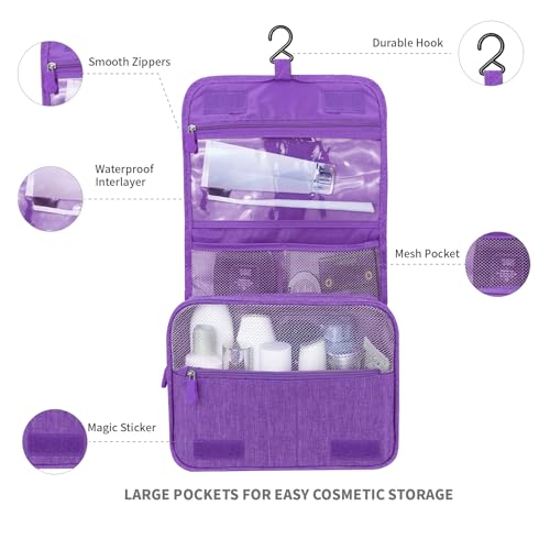 Image of Lcsmaokin Large Capacity Toiletry Bag Travel Bag with Hanging Hook for Men and Women Waterproof Travel Cosmetic Bag Bathroom Storage Bag for Brushes Set, Full-Sized Shampoo, Toiletries, Accessories, Purple