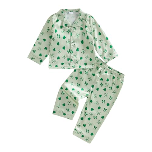 Toddler Boy Girl St Patricks Day Pajamas Set Cute Button Down Shamrock Print Shirt Long Pants Kids Sleepwear