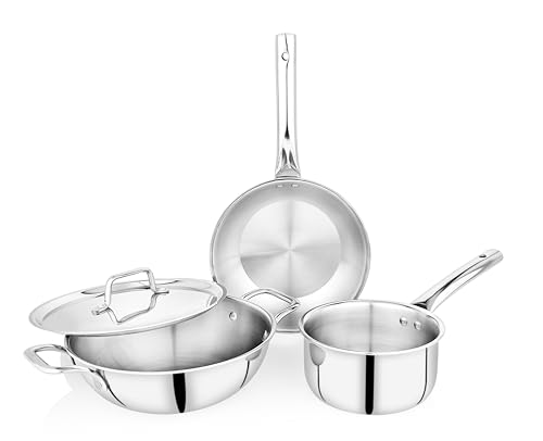 Image of Praylady TRIPLUS 4-Piece Triply Cookware Set | 24cm Kadai + 24cm Lid + 22cm Frypan + 16cm Saucepan | Triple-Layered Stainless Steel-Aluminum | Induction & Gas Compatible(4-Piece Triply Cookware Set)