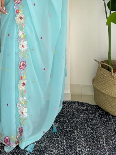 Image of AKHILAM Women's Multicolor Georgette Embroidered Saree with Unstitched Blouse Piece(KESARI7801 KR Parent)