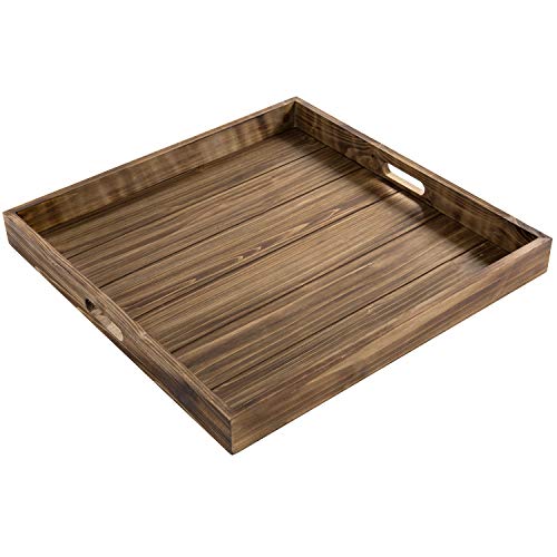 MyGift 19-inch Large Square Rustic Dark Brown Wood Ottoman Tray with Cutout Handles
