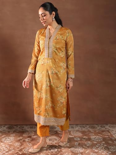 Image of Libas Womens Printed Silk Blend Straight Kurta With Palazzos and Dupatta | daily wear suit