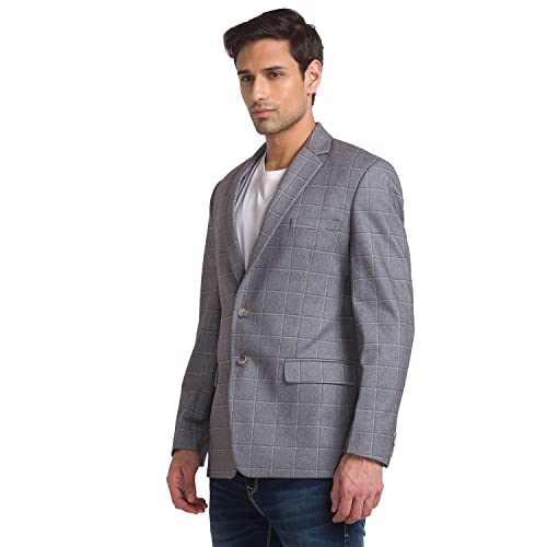 Image of Park Avenue Men's Active Fit Terelyne Spandex Blend Notch Lapel Checks Pattern Full Sleeve Grey Formal Blazer
