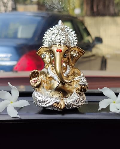 Gold Art India Ganesha Idol Ganesh for Car Dashboard Statue Ganpati Vinayaka Vinayagar Figurine Diwali Gifts Home Decor Luck, Success for Small Murti Puja Lord Gift Office Desk Room 3.5 Inches