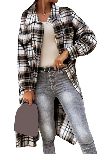 Image of OMZIN Women Plus Size Plaid Boyfriend Coat Lapel Soft Cardigan Autumn Flannel Outwear Coffee 2XL