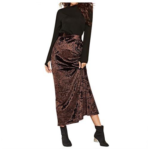 Falda larga de terciopelo dorado de cintura alta para mujer, color liso, elegante, con abertura, lindas faldas para mujer, marrón, S