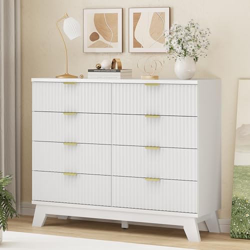 Image of Fluted Dresser for Bedroom with 8 Drawers, 48 inch Wide Modern Chest of Drawers with Metal Handle, Wooden Dresser TV Stand, Wood Closet Clothes Storage Drawer Organizer for Living Room, Hallway, White
