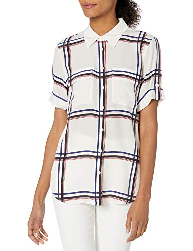 Equipment Women's Engineered Large Marais Plaid Short Sleeve Slim Signature, Nature White/Multi, M