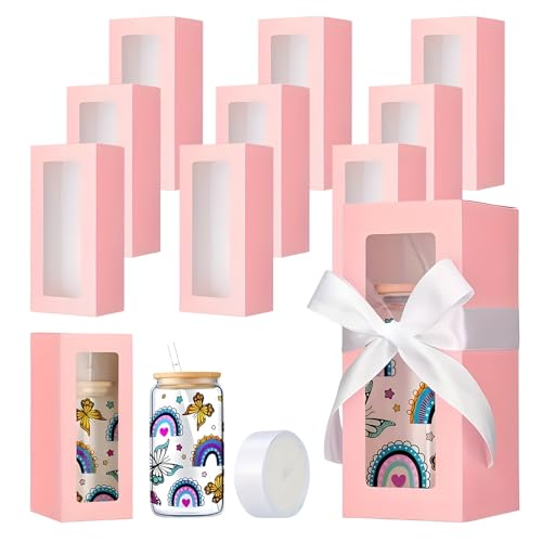 Sedvwed Tumbler Gift Box, 10 Pcs Wine Glass Gift Box with Window, Mug Boxes for Gifts, Sublimation Glass Cups Packaging for 12oz/16oz/20oz Tumblers, Weddings, Holidays(Pink)