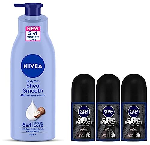 Image of Nivea MEN Deep Impact Freshness Deodorant Roll-On, for Men, 50ml (Pack of 3) & NIVEA Body Lotion for Dry Skin, Shea Smooth, with Shea Butter, For Men & Women, 400 ml