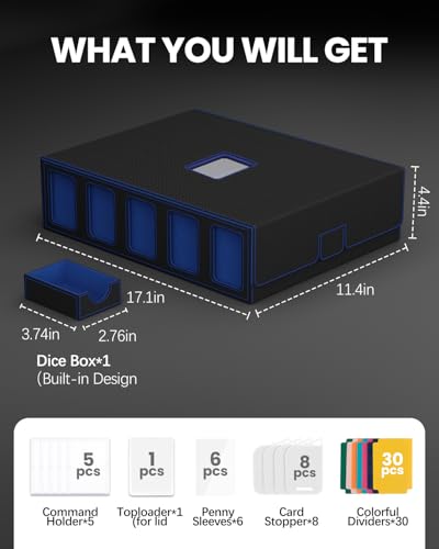 Image of Trading Card Storage Box, 5 Row Card Deck Case with Commander Display & Portable Handle, 4200+ Card Deck Boxes Compatible for MTG TCG Magic Cards, 30 Divider, 8 Supporters, 1 Dice Tray (Black & Blue)
