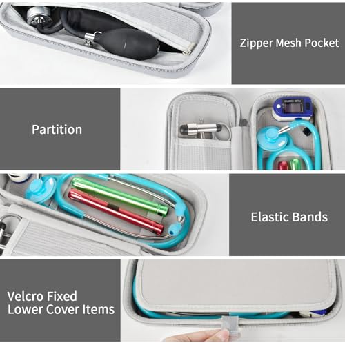 Image of Stethoscope Case for 3M Littmann Classic III and BP Cuff-Grey | Also Fits Paramed, for FriCARE and for Scienlodic; Layered Pockets Organize Medical Tools, Case Only