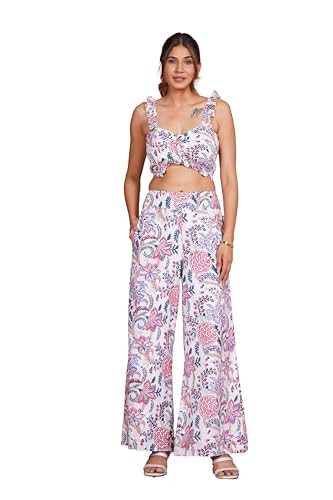 Ensemble co-ord en coton d'été 2 pièces pour femme avec crop top à volants et pantalon