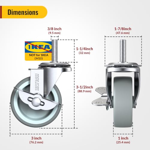 Image of HOLKIE Caster Wheels 3 inch Locking Casters Set of 8 with Brake & No Brake, Threaded Stem 3 /8 inch -16 x 1-1 /4 inch (Diameter 3 /8 inch, Length 1-1 /4 inch) Swivel Heavy Duty Castors Gray