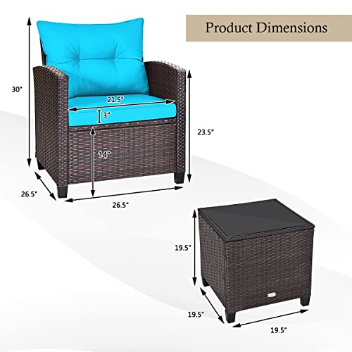 KOTEK 3 Piece Patio Furniture Set, Outdoor Conversation Set with Washable Cushions & Tempered Glass Tabletop, PE Rattan Wicker Bistro Set for Porch, Garden, Balcony (Turquoise) - Image 7