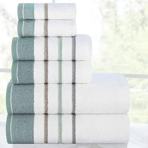 Image of Casa Copenhagen, Germany Design - White Bay Super Soft Collection 100% Cotton 6 Piece Towel Set, Includes 2 Bath Towels 2 Hand Towels 2 Washcloths - Grey & Sea Grass